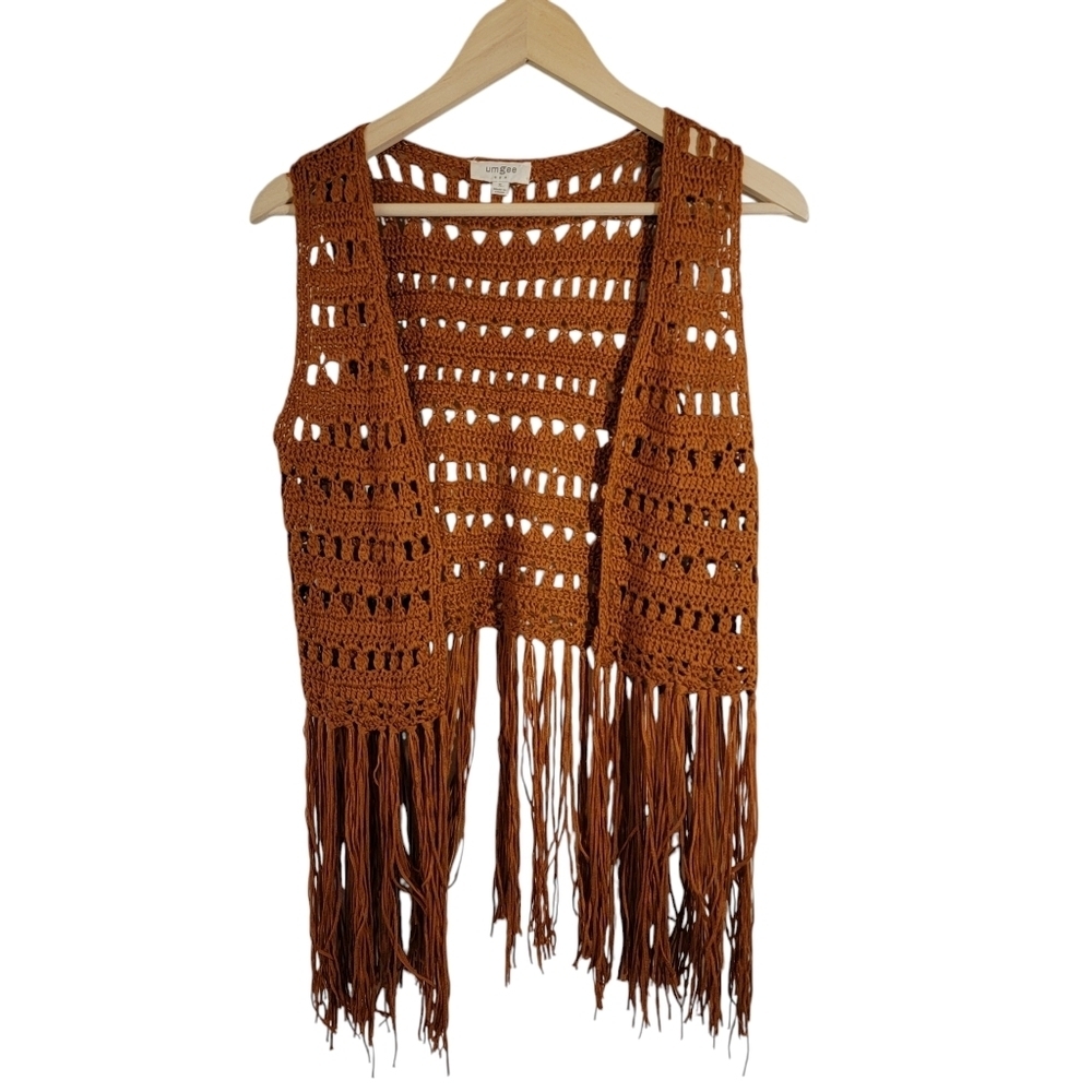 Umgee Women's Brown Crochet Fringe Vest Sz Small Bohemian Academia Y2K Festival